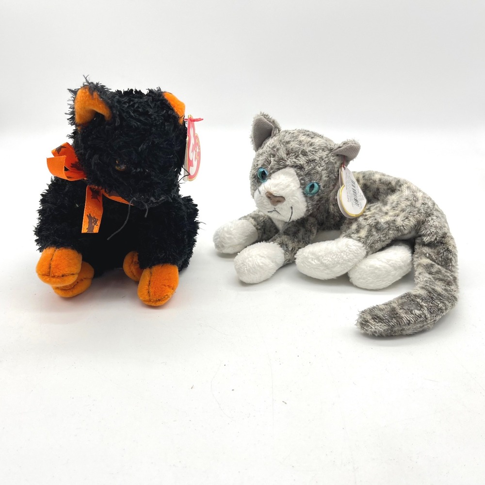 Ty Beanie Baby Cat Lot Fraidy Black Halloween Cat and Purr Grey Tabby‎ Plush 2pc